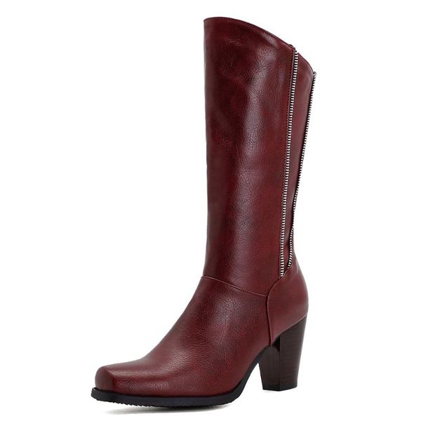 

boots oversized burgundy square toe double zipper wedge heel mid-ladies street beveled side knee pu khaki knight, Black