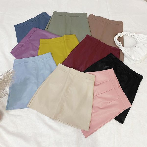 

skirts korean sweet candy color women preppy style high waist a-line faldas mujer 2021 streetwear pu mini skirt, Black