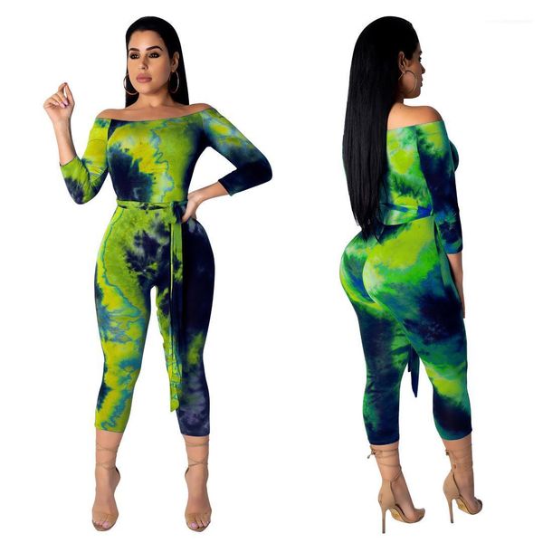 

slash neck long sleeve belt capris slim rompers famale clothes women starry sky jumpsuit tie dye, Black;white