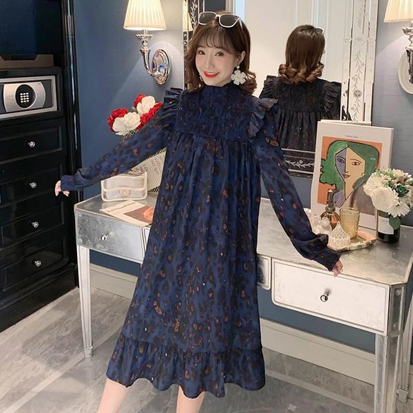 

pregnant women autumn dress lantern sleeve ruffles patchwork stretched turtleneck maternity dress vintage printing mermaid, White