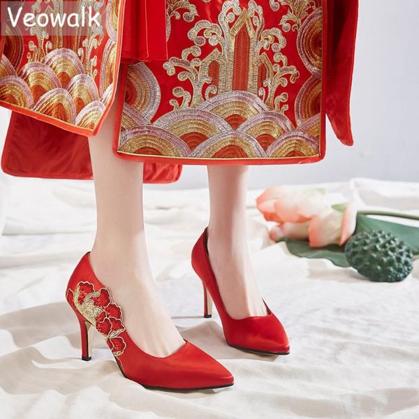 

veowalk high end шелковый вышитые женщины 7см высокой пятки красный свадебная обувь элегантные дамы остроконечные toe китайский стиль люкс н, Black