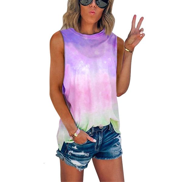 

tie-dye gradient printing female t-shirt 2020 new summer sleeveless plus size women's t shirts loose casual boho beach tees, White