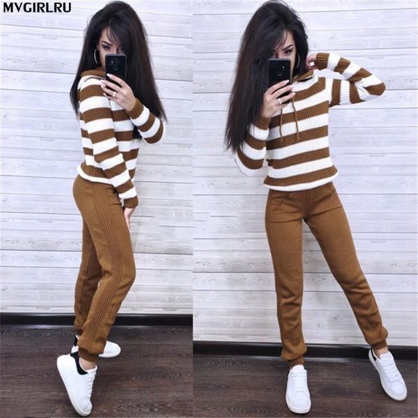 

mvgirlru women's knitting suit women's knitted stripped tracksuit contrast color hooded jumper pullovers+pant 2- piece knit suit, Gray