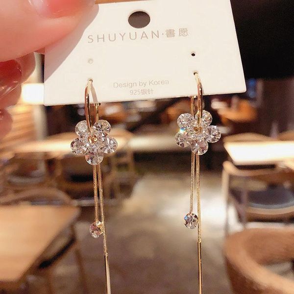 

Korean Dongdaemun fashion five petal flower crystal tassel earrings Korean net red earrings S925 needle female, Silver