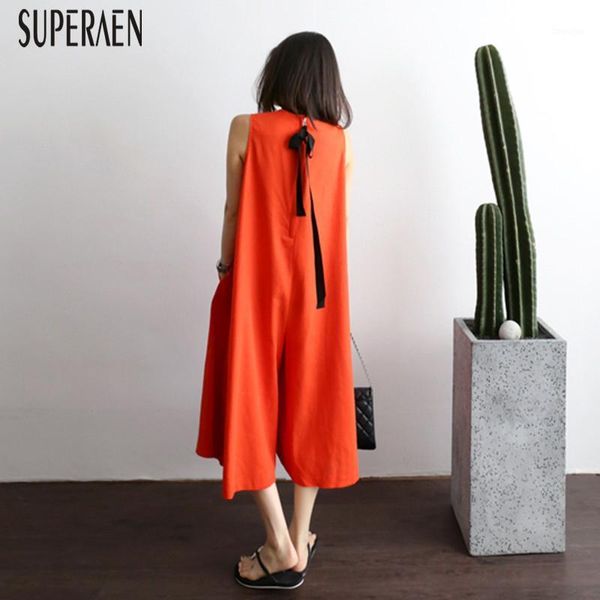 

superaen 2020 summer new jumpsuit female pluz size cotton and linen sleeveless women jumpsuits solid color women clothing1, Black;white