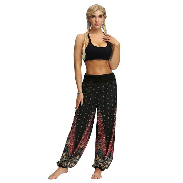 

women yoga pants fashion feather print thai style joggers trendy novelty womens dance pants wide leg ing, Black;white