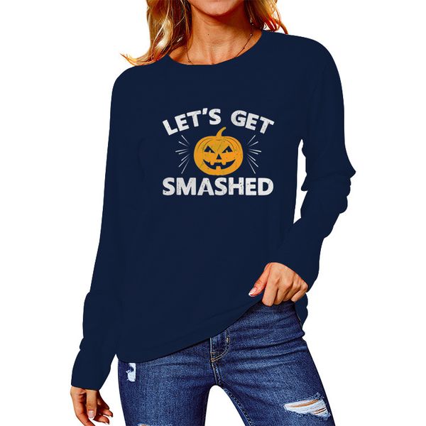 

halloween pumpkin head print letter personalized pattern long sleeve t-shirt versatile to customize, White