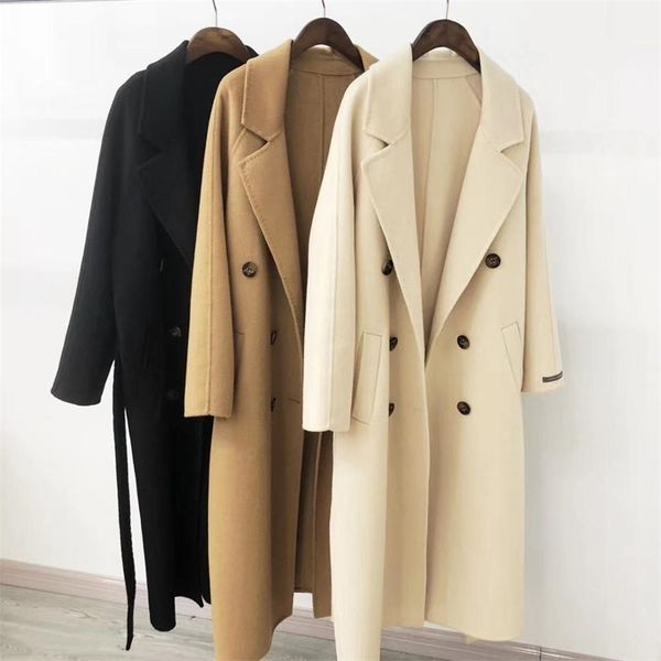 

2020 autumn women woolen coat turn down collar double breasted long wool coat camel women warm coat casaco feminino lj201110, Black