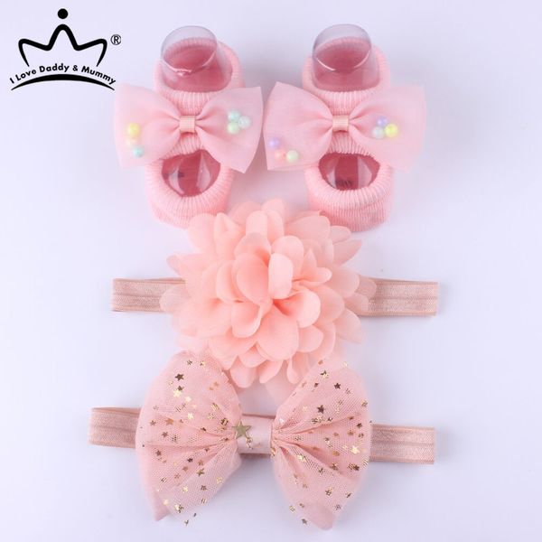 

4pcs baby headband socks set elastic bow crown hair band newborn infant lace flower cotton socks baby girl hair accessories y201009, Slivery;white