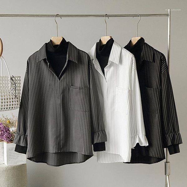 

women's blouses & shirts spring and autumn 2021 simple fashion trend is thin vertical stripes fake two-piece high collar long sleeve sh, White