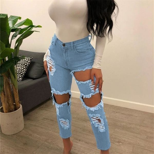 

tsuretobe ripped clothes mom high waisted boyfriend jeans for women pencil pants denim trousers 201223, Blue