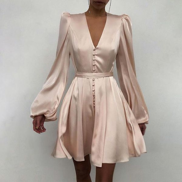 

vintage satin mini dresses women high waist a-line elegant party pleated dress female 2021 autumn bodycon slim ladies vestidos, Black;gray