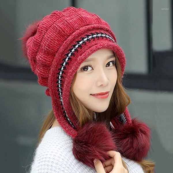 

2020 knitting fur hat ball beanie caps thick skullies female cap gorros with gloves1, Blue;gray