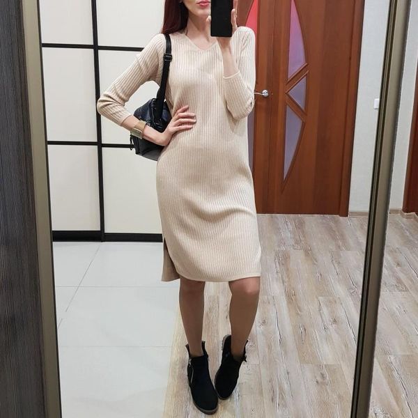 

v neck long knit women sweater dress autumn winter long sleeve pullover midi dress thick warm christmas party dresses, Black;gray