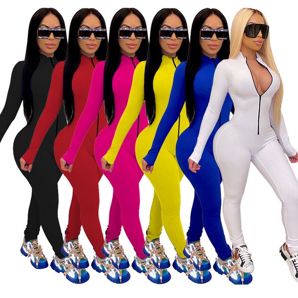 

spot 2021 european and american spring and autumn fashion style long-sleeved solid color tight jumpsuit, Black;white