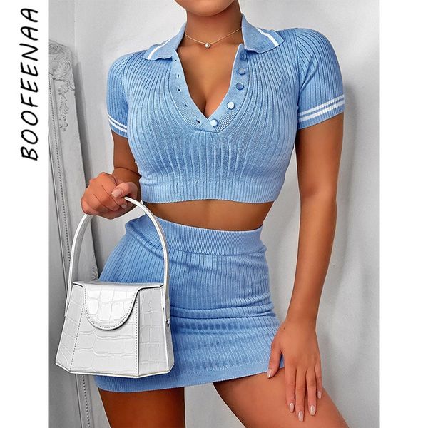 Boofeenaa Sexy Bambino Bianco Blu Maglia Maglione a due pezzi Set Donne Kawaii Fashion Summer Outfit Crop TOP Gonne Match Set C76-AE86 T200701