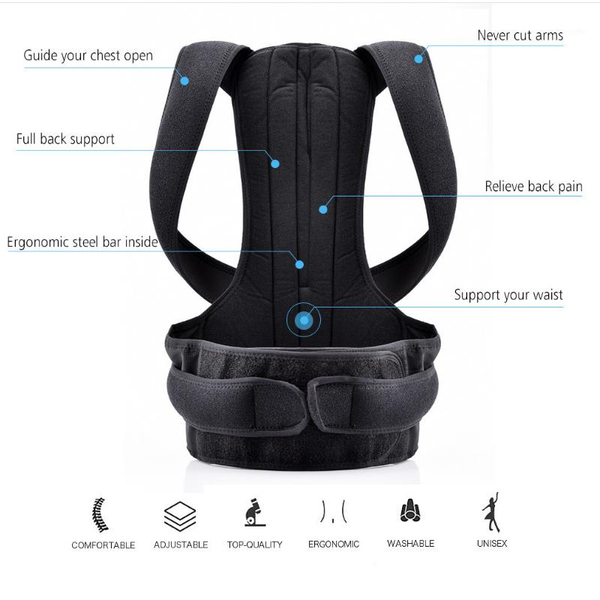 

back support male / female fixed belt office relief pain artifact body sitting standing posture correction with support1, Black;blue