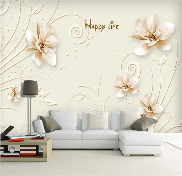 

simple hand-painted three-dimensional flower white pattern background wall custom wallpaper 8d waterproof wall covering