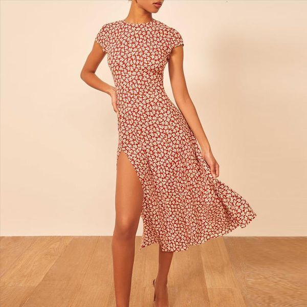 

woman dress 2020 short sleeve vintage floral print dress women summer cut out back side slit elegant midi dress vestidos, Black;gray