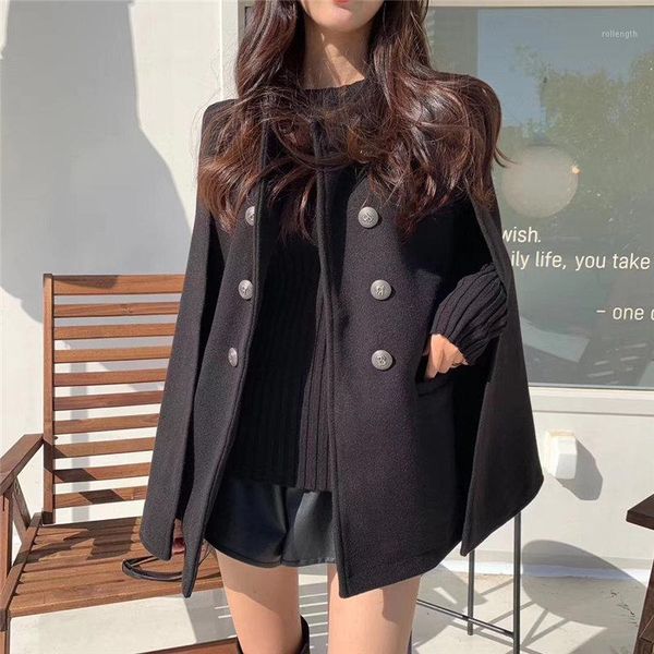 

england style black gentle cape coat elegant coat women office lady windbreaker chic outerwear woolen trench1