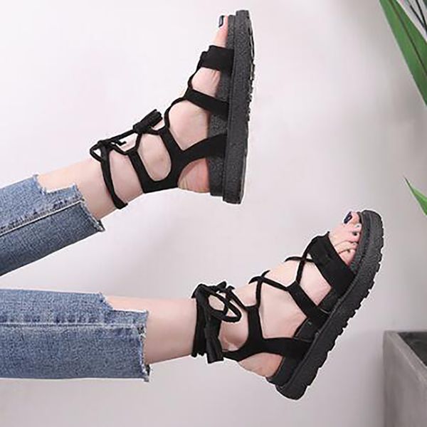 

summer sandals 2019 new wild flat bottom ankle strap comfort muffin platform fashion roman women shoes gladiator sandal t200515, Black