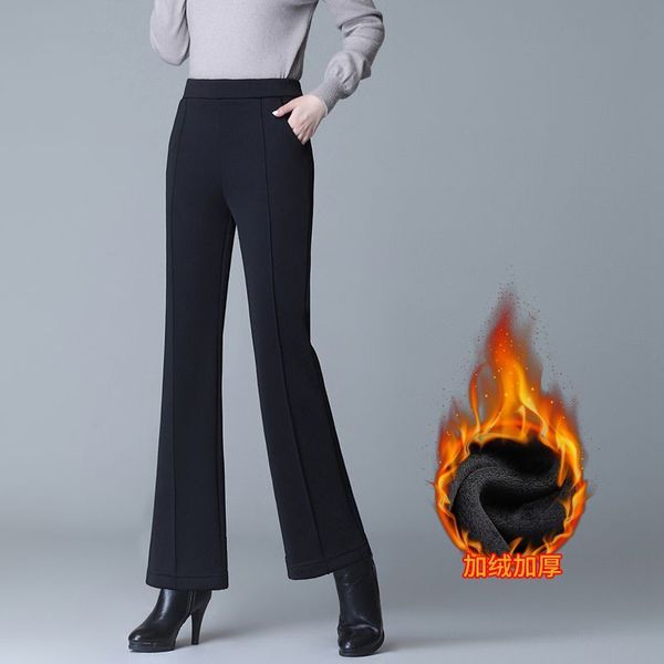 

2021 new warm velvet women flare pants autumn winter high waist suits pant office ladies overall trousers female s2pf, Black;white