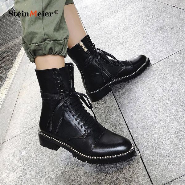 

women genuine leather ankle boots round toe lace up black platform riding boots warm winter nigh club punk shoes woman shoes