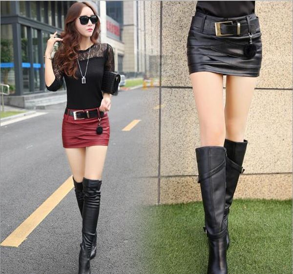 

2020 plain faux leather skirt black mid waist with belt pu skirts women elegant sheath above knee mini bottom red black