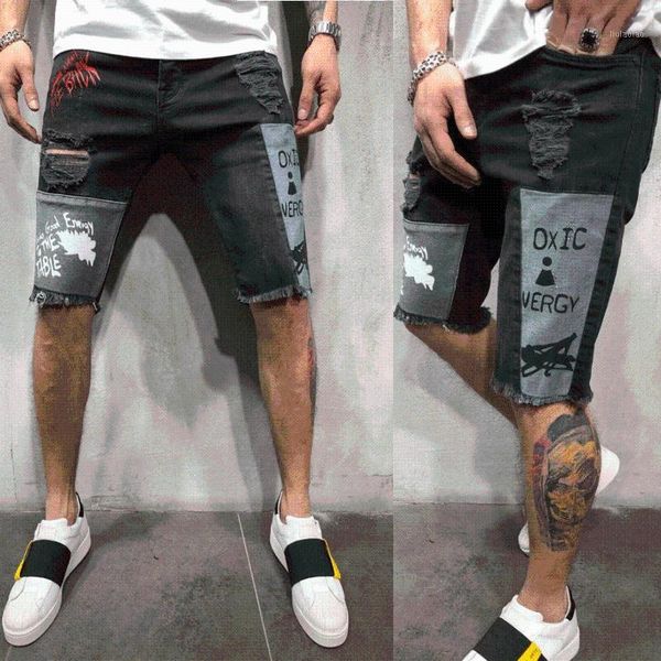 

2020 new summer mens retro denim shorts patchwork ripped jeans shorts knee length cotton for male jeans1, Blue
