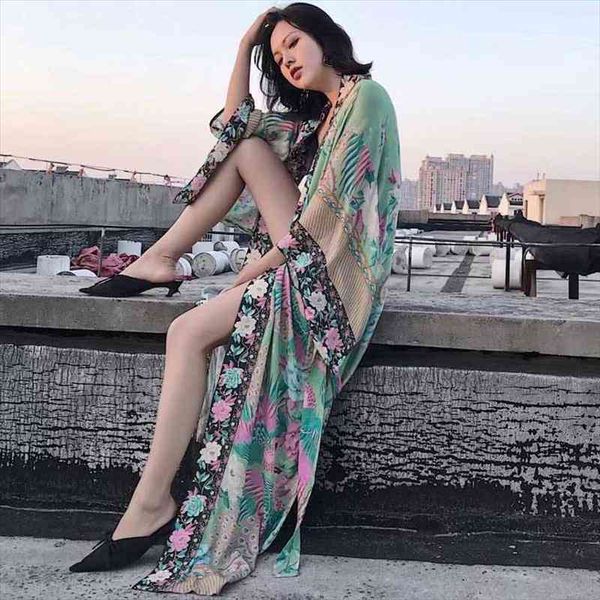 

boho vintage floral print green long design kimono batwing sleeve cardigan women maxi beach holiday streetwear bohemian, White