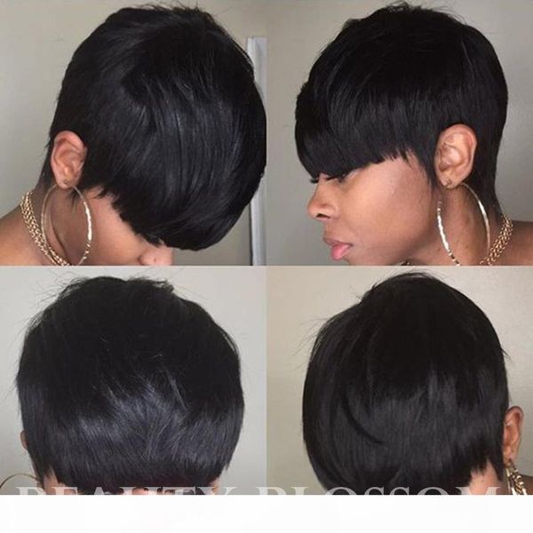 

short machine made human hair bob wigs human short pixie hair wig lace front wig rihanna chic cut wig for black women, Black;brown