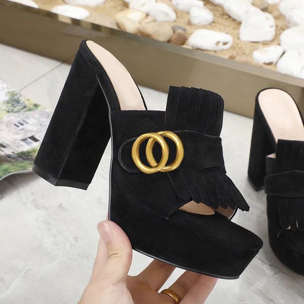 

622sslippers classic designer women half slippers cowhide 100% leather suede thick heels metal slides woman shoe beach lazy sandals high hee, Black