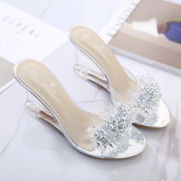 

summer new wedges sandals women crystal transparent high heels glass slippers string bead pvc slippers fashion shoes 986 x1020, Black