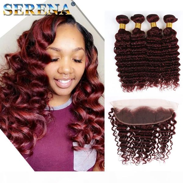 

99j malaysian deep wave with closure 13x4 human vrigin hair frontal with bundles red burgundy 99j virgin human hair bundles with frontal, Black;brown