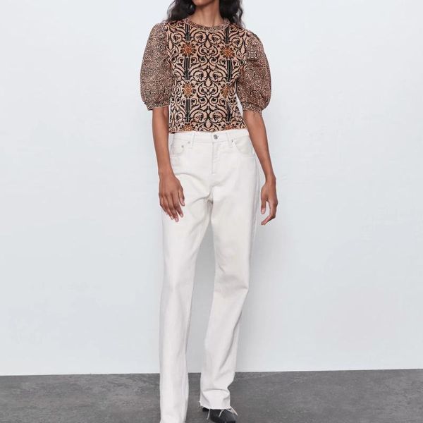 

2020 new women knit puff sleeve jacquard round neckline casual fashion vintage female woman knitted sweater, White;black