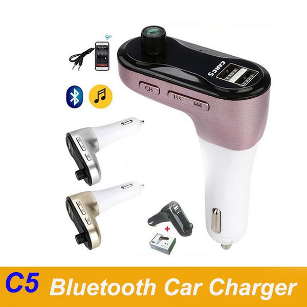 Più nuovo C5 CAR Trasmettitore FM Bluetooth multifunzione 2.1A Caricabatteria per auto USB Lettore FM MP3 Kit per auto Supporto TF Card Caricatore vivavoce con microfono