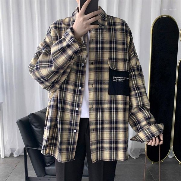 

2019 autumn korean version of european and american loose casual men's plaid long-sleeved shirt streetwear1, White;black