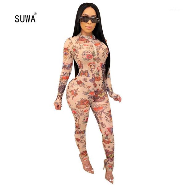 

wholesale casual femme cute cartoon print bodycon full jumpsuit spring femme o neck long sleeve romper overalls1, Black;white