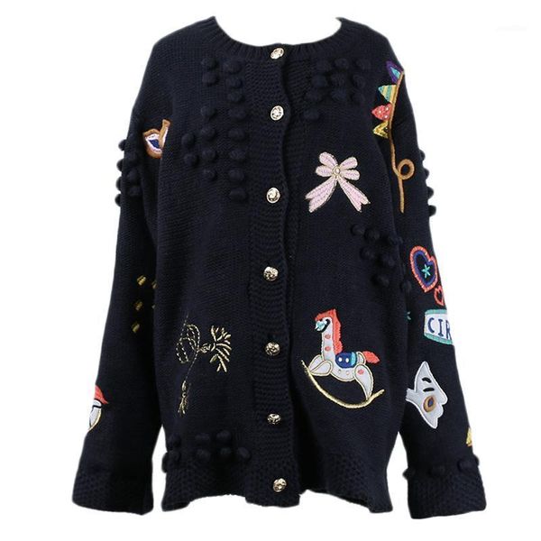 

runway designer women black cartoon embroidery knitted sweater cardigan long sleeve female streetwear jumper 2020 spring clothes1, White
