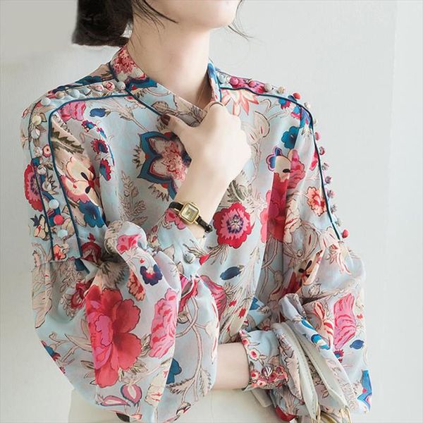 

floral print chiffon blouse long sleeve women lantern sleeve office lady casual 2021 summer new fashion female loose shirts, White