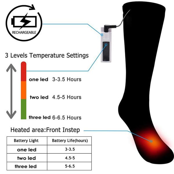 

3.7v thermal cotton heated socks sport ski socks winter foot warmer rechargeable electric hunting hiking camping men women sock, Black