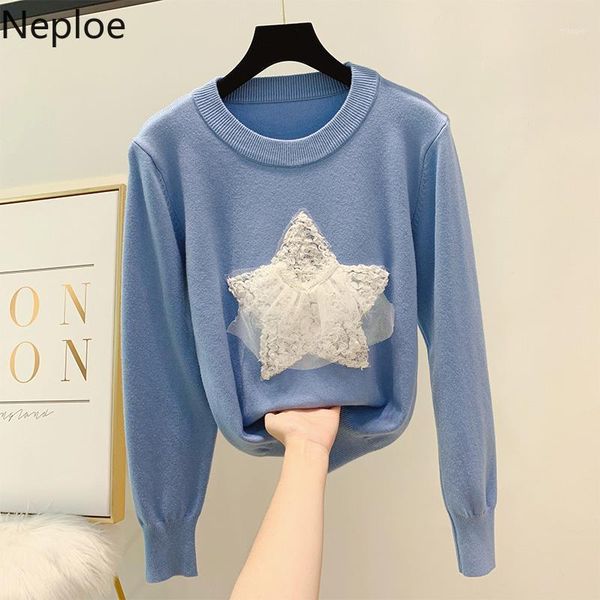 

neploe fashion 2019 autumn winter women sweater o neck lace stars applique knit jumper loose long sleeve pullover knitwear 550141, White;black