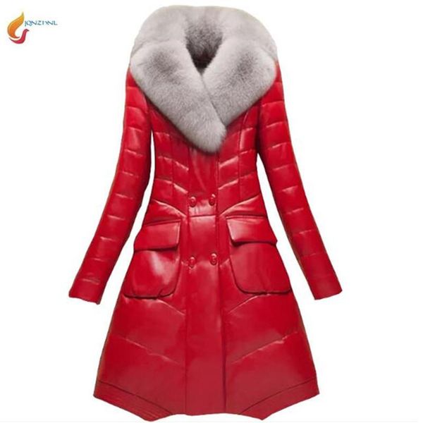 

women's leather & faux winter down cotton jacket overcoat fashion fur collar thick warm slim women coat g751, Black