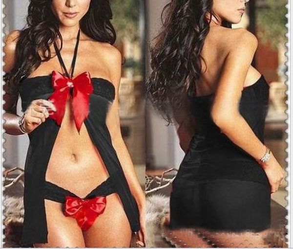 

european and american underwear transparent gauze front slit suspends skirt bowknot suit, Red;black
