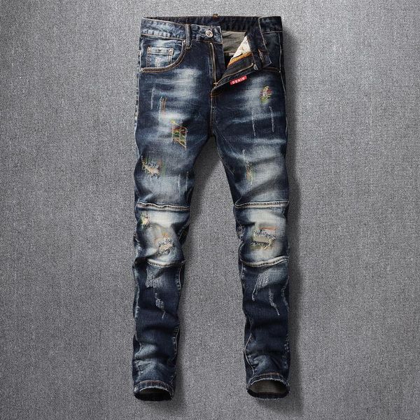 

fashion streetwear men jeans retro black blue elastic slim ripped cotton pants embroidery designer hip hop trousers