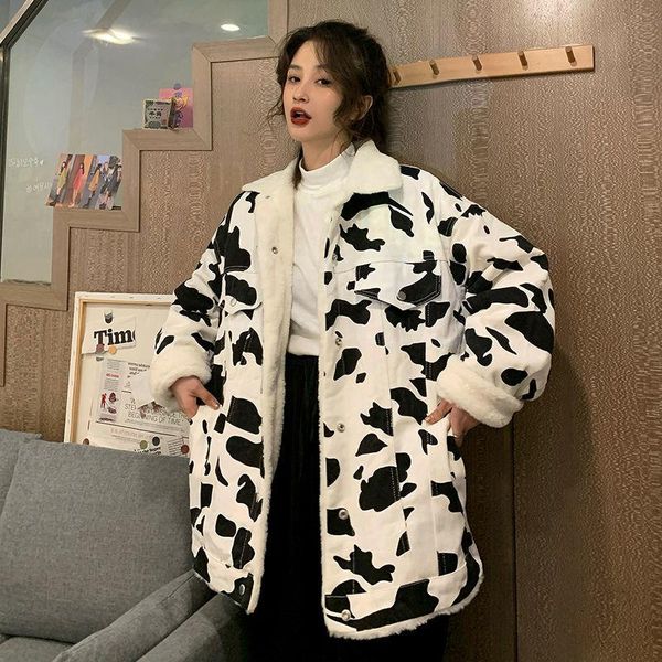 

women's down & parkas cow pattern winter padded coat patchwork parka hip hop jacket for women fleece warm outwear windbreaker streetwea, Black