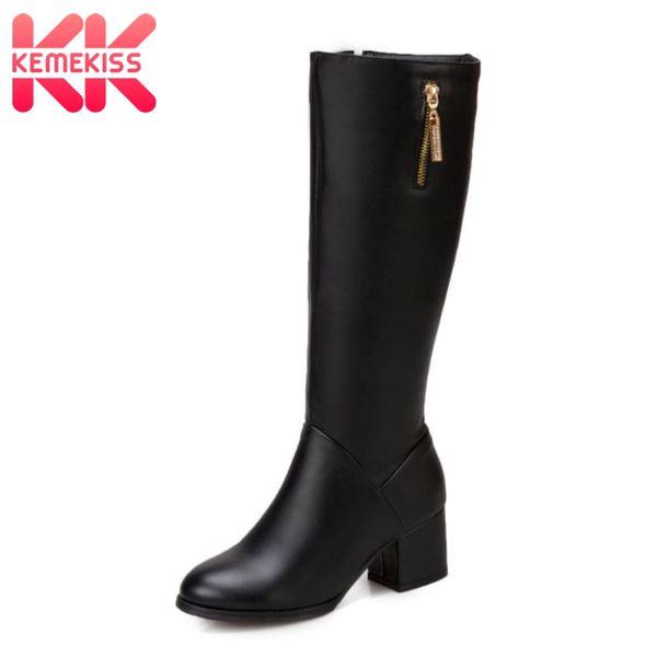 

boots taoffen women knee high round toe thick heel zipper solid color metal decoration winter female footwear size 32-43, Black