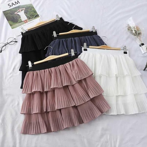 

nicemix new spring skirts women modis sweet solid cascading ruffles mesh high waist pleated mini skirt faldas mujer moda 2020, Black