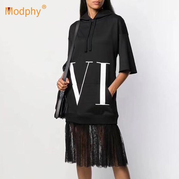 

2020 summer new fashion black midi women's dress short-sleeved hooded lace dress casual celebrity party vestidos, Black;gray