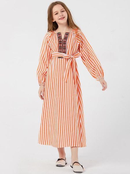 

muslim girls dress striped embroidery lace-up moroccan dresses children kids kimono islamic a-line vestido kaftan abaya elbise1, Red